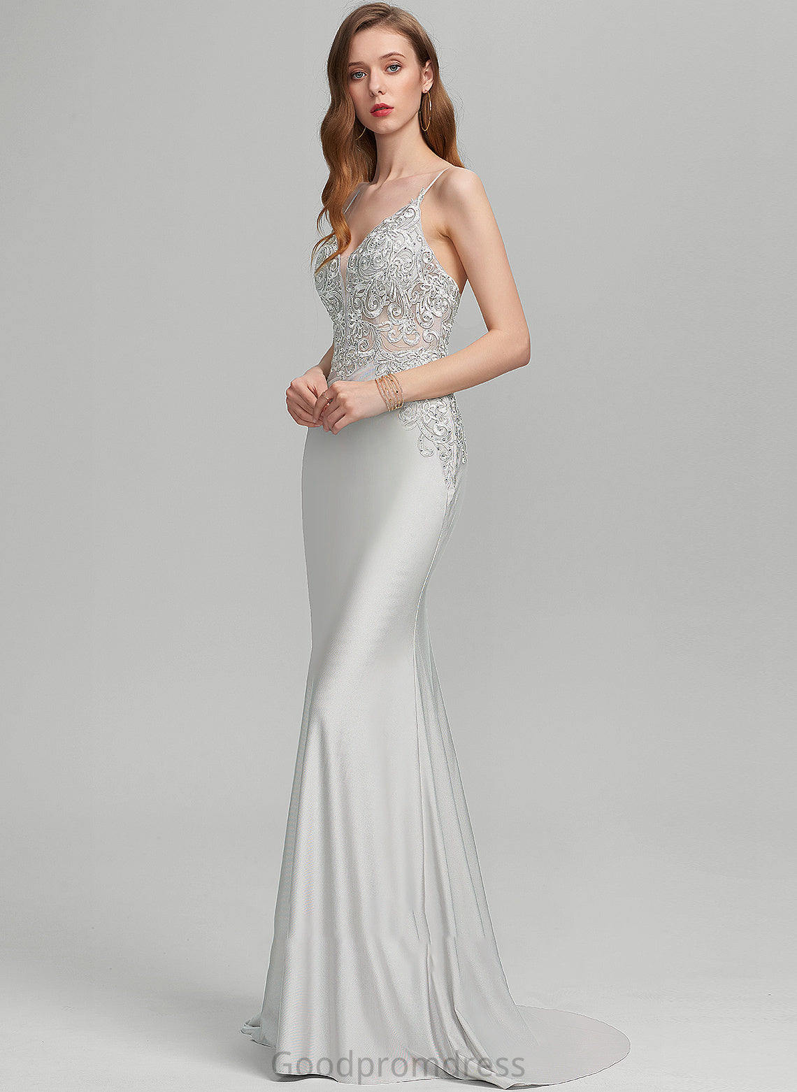 V-neck Kaya Jersey Prom Dresses Sequins Trumpet/Mermaid Sweep With Train