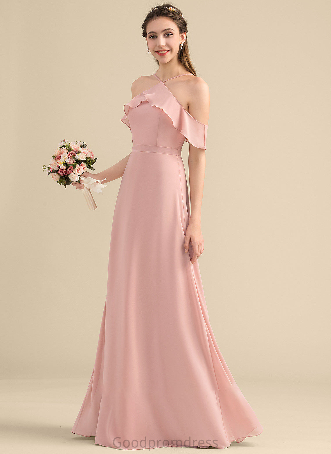 Fabric CascadingRuffles V-neck Embellishment Neckline Floor-Length Bow(s) Length A-Line Silhouette Carina Halter Bridesmaid Dresses