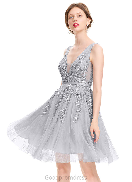 Knee-Length V-neck Tulle Sequins Homecoming Dress Liliana A-Line Beading Lace Homecoming Dresses With