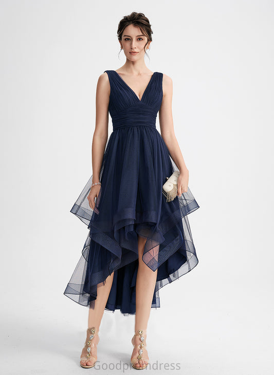 Ruffles Asymmetrical With Gemma A-Line Cocktail Cascading Pleated Tulle Dress Cocktail Dresses V-neck
