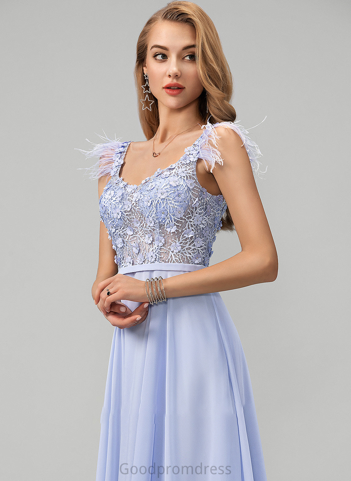 Flower(s) V-neck Beading Brielle Feather Sequins Lace Prom Dresses A-Line With Chiffon Floor-Length