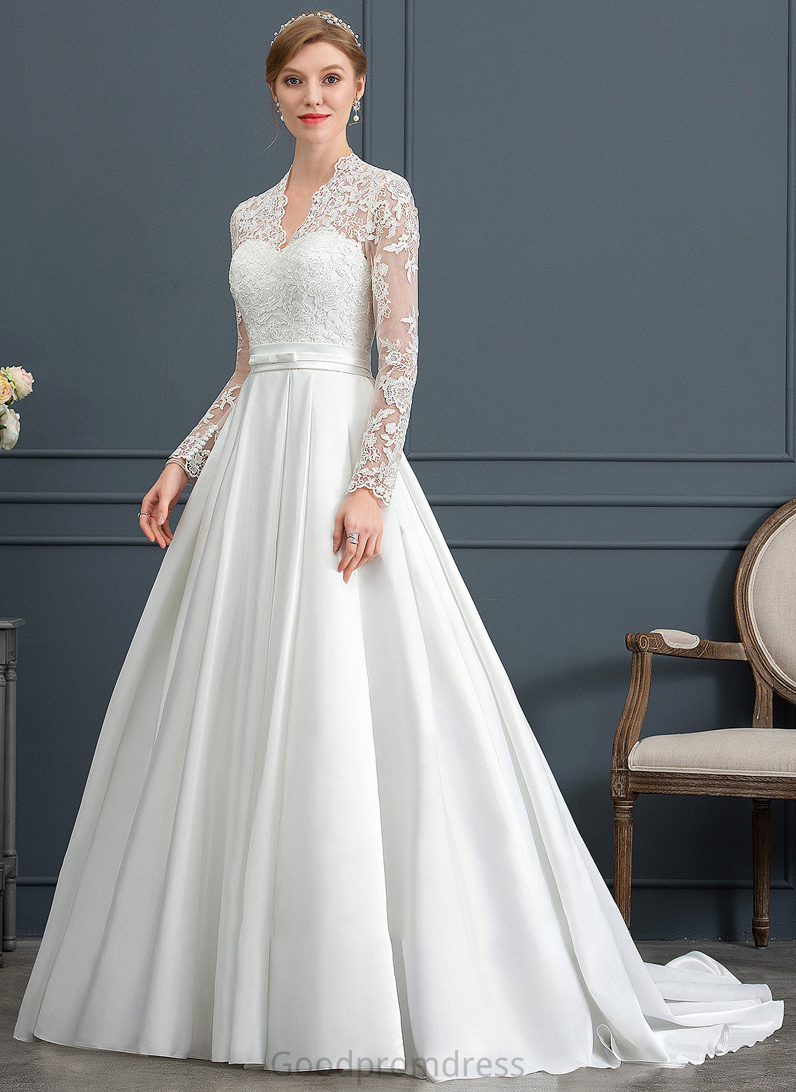 Satin V-neck Ball-Gown/Princess Court Train With Bow(s) Wedding Dresses Wedding Kennedy Dress