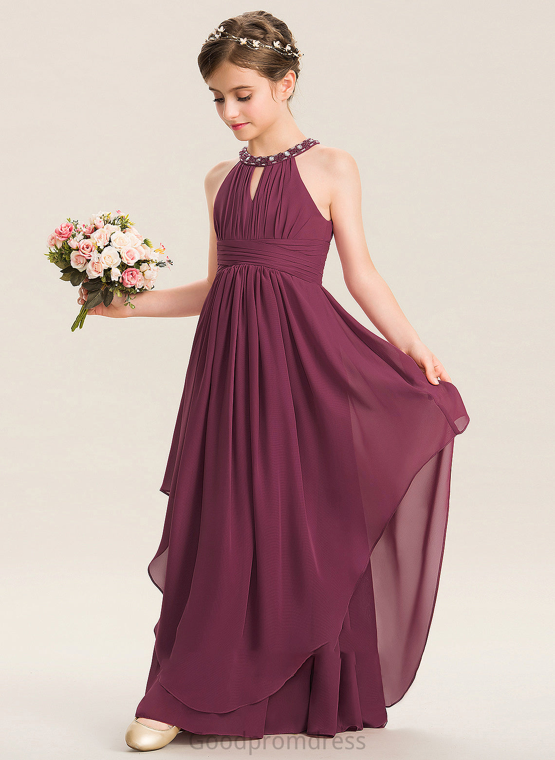 A-Line Ruffle Junior Bridesmaid Dresses With Floor-Length Beading Joselyn Neck Chiffon Scoop