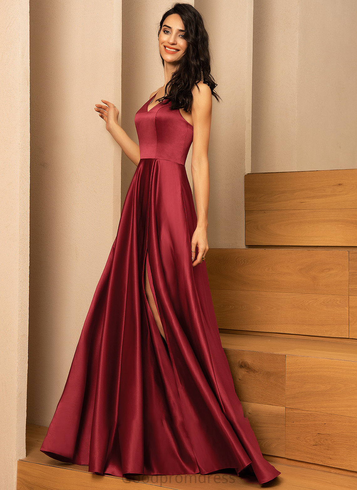With Satin A-Line Floor-Length Pockets V-neck Priscilla Prom Dresses