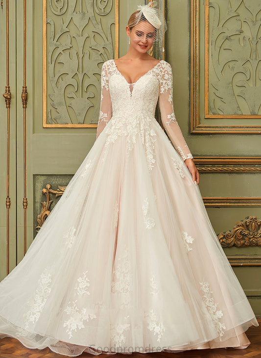 Ball-Gown/Princess Train Wedding Nathaly Dress V-neck Lace Wedding Dresses Sweep Tulle