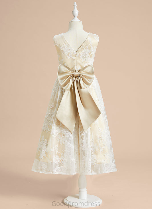 - A-Line Kaliyah Scoop Flower Sleeveless Bow(s) Neck With Girl Flower Girl Dresses Dress Satin/Lace Tea-length