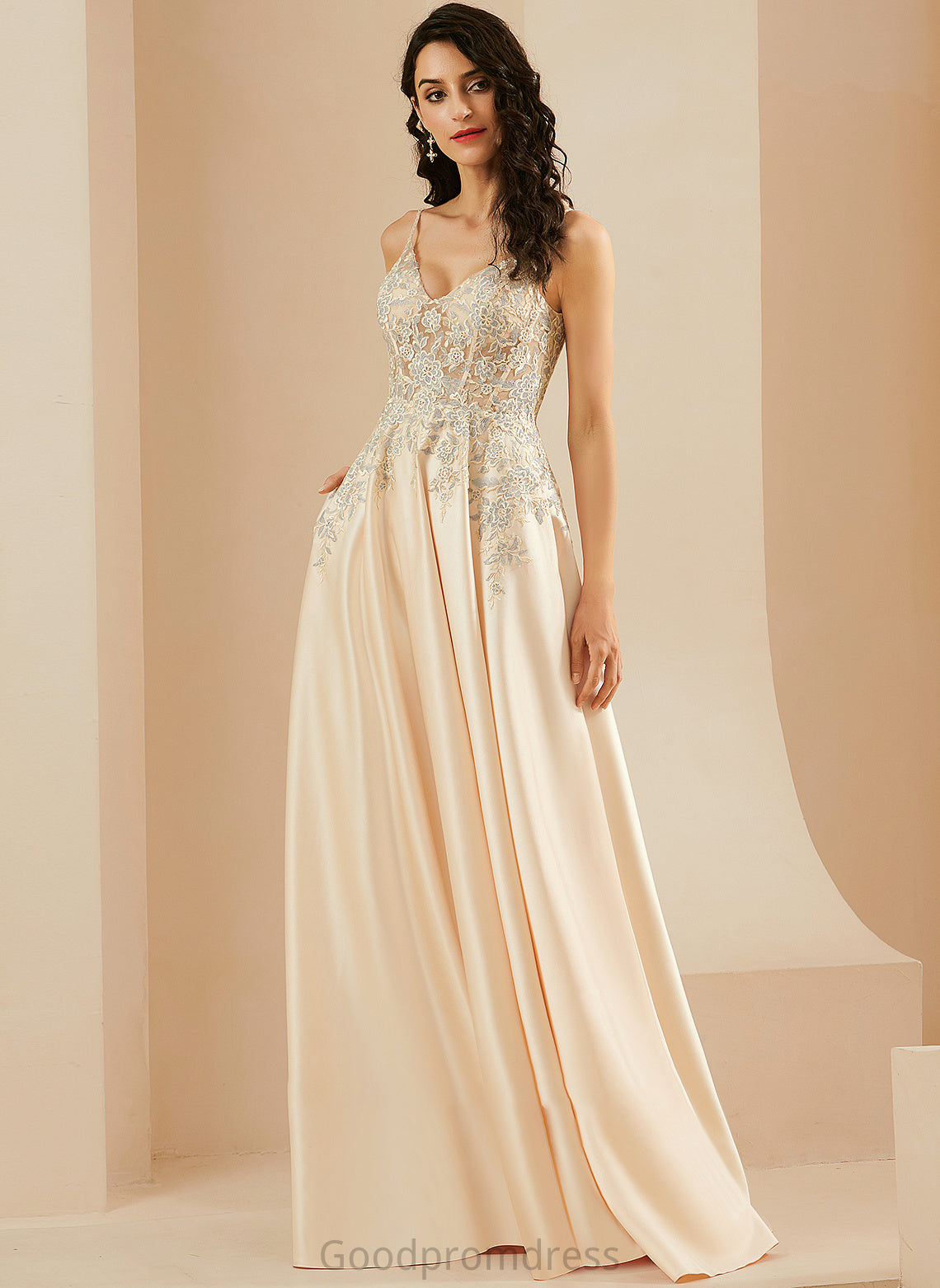 Satin A-Line Prom Dresses V-neck With Lace Floor-Length Jaylee
