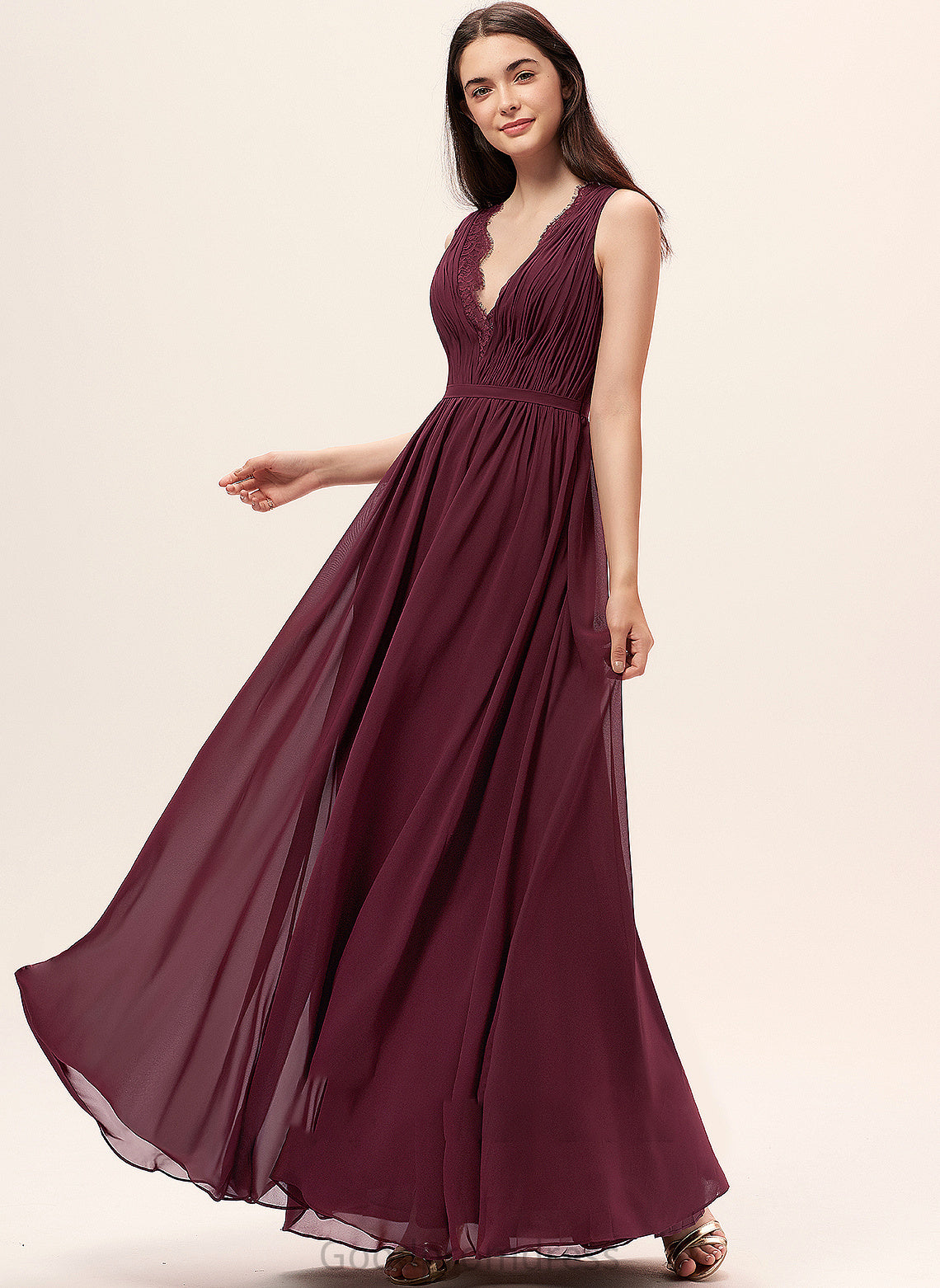 Neckline Embellishment Silhouette Floor-Length Lace Ruffle A-Line V-neck Length Fabric Lillian Sleeveless Bridesmaid Dresses