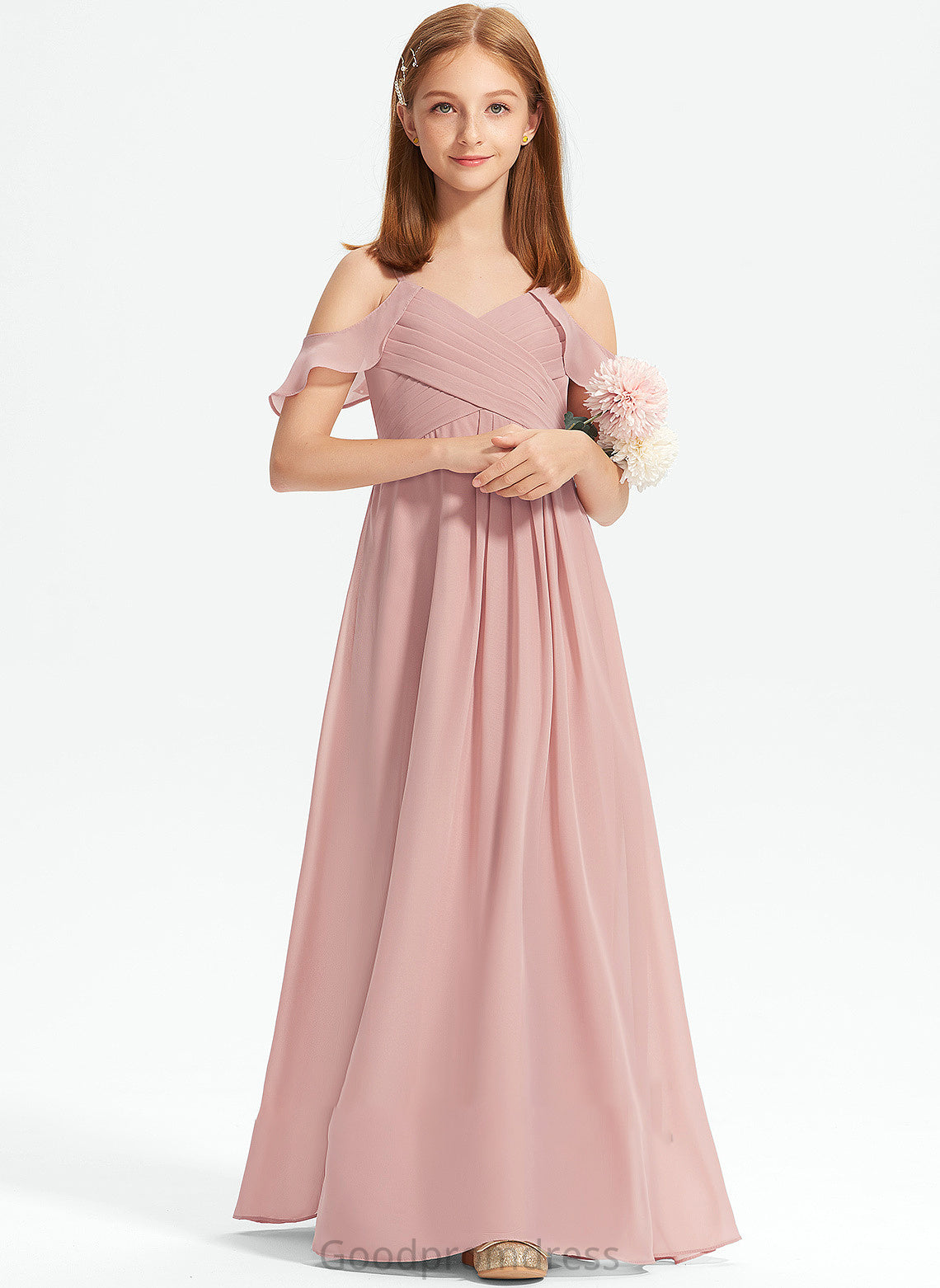 Chiffon Off-the-Shoulder With Ruffles Marin Floor-Length Cascading A-Line Junior Bridesmaid Dresses