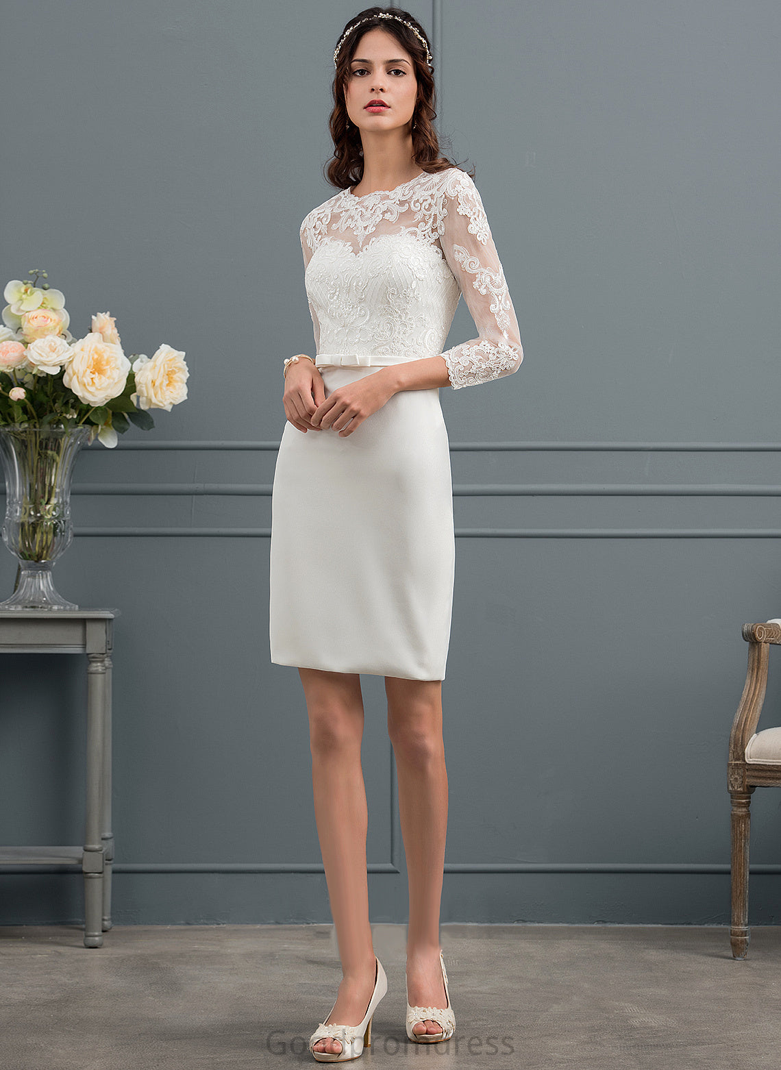 Sheath/Column Sequins Knee-Length With Bow(s) Lace Wedding Dresses Dress Illusion Wedding Marlee