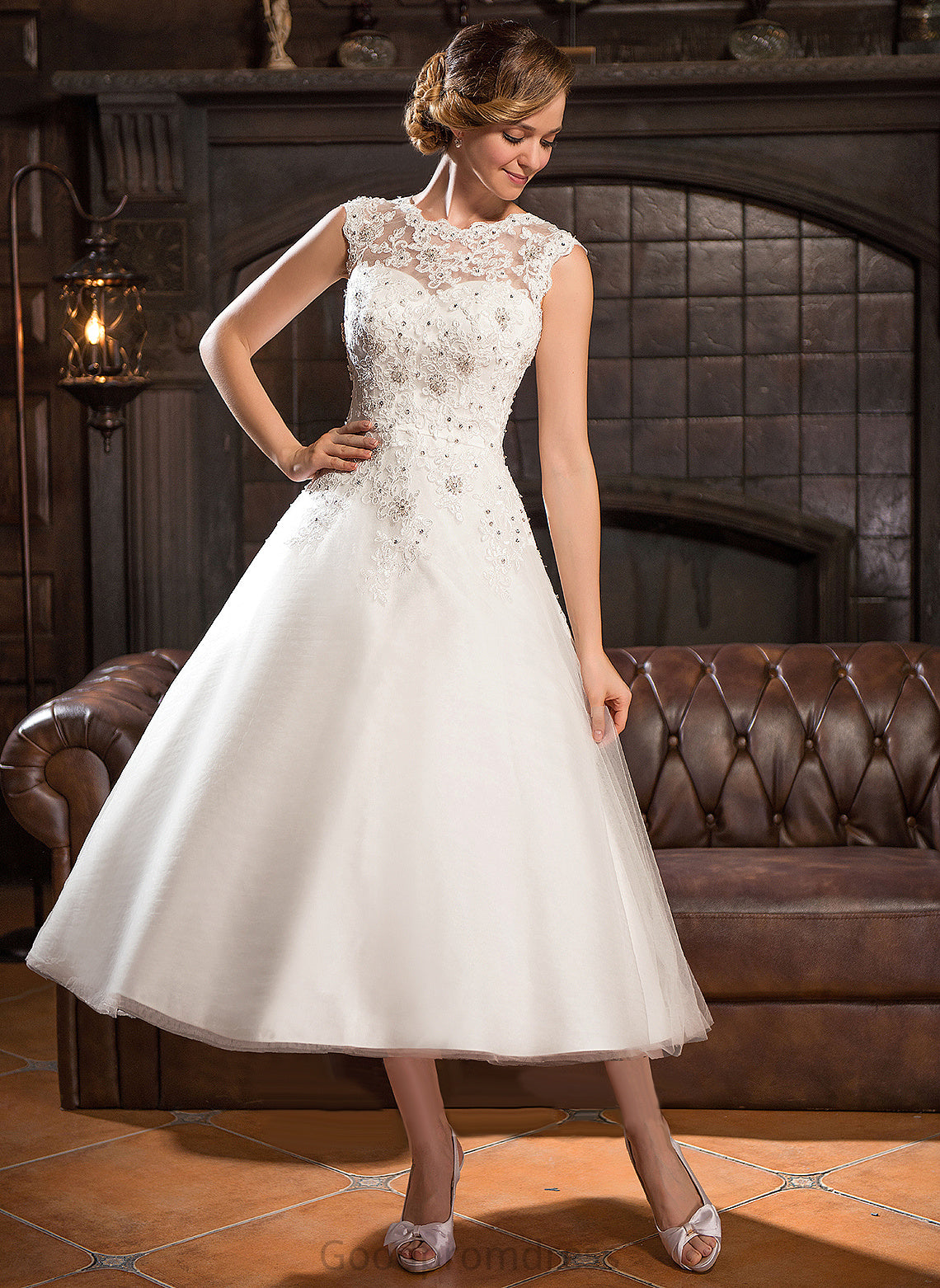 With Lace Tea-Length Dress Skyla Beading Ball-Gown/Princess Wedding Dresses Wedding Sequins Tulle
