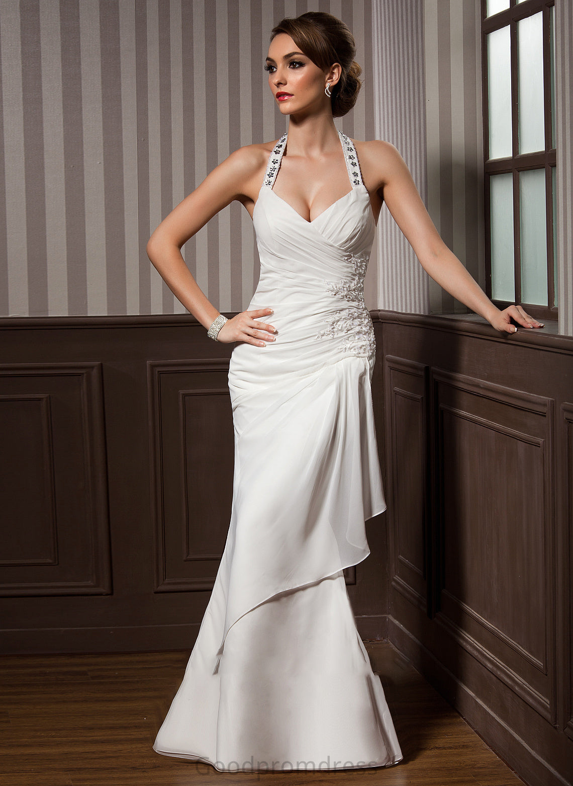 Chiffon Floor-Length Wedding Dresses Wedding Satin Dress Sheath/Column Lola With Appliques Beading Ruffle Lace Sequins Halter