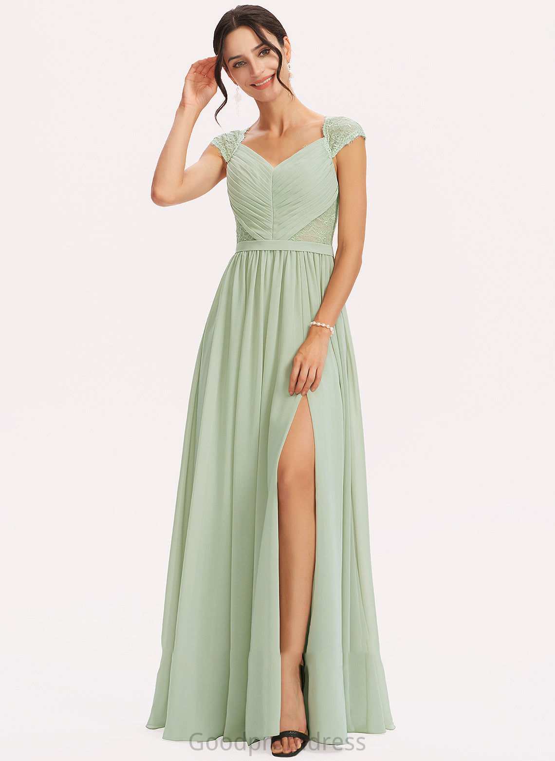 Neckline Lace Embellishment V-neck Fabric A-Line Length Floor-Length SplitFront Silhouette Keira Floor Length Bridesmaid Dresses