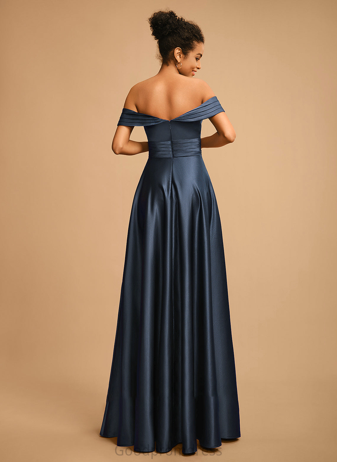 Pleated With Off-the-Shoulder Floor-Length A-Line Melody Satin Prom Dresses