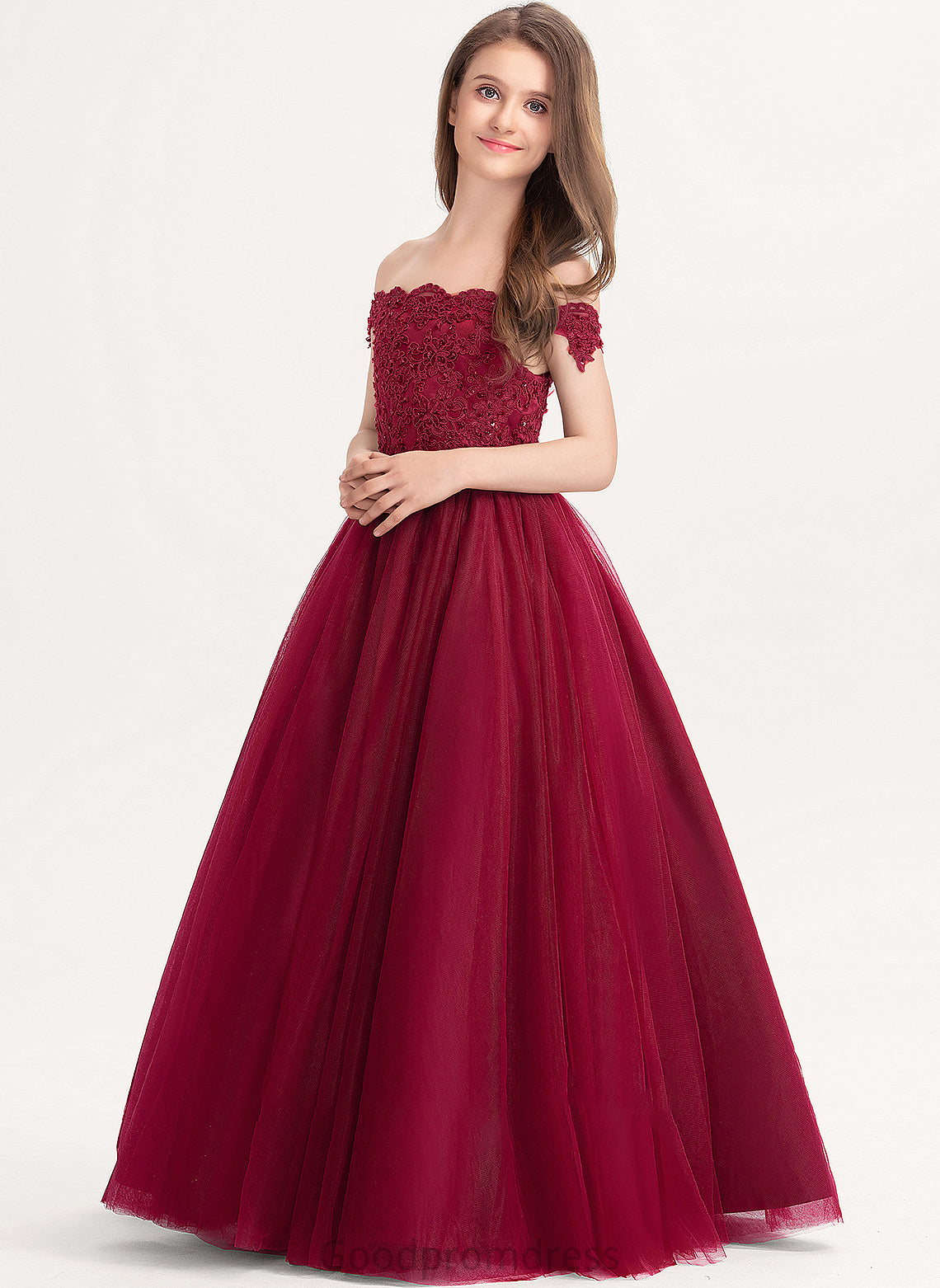 Lace With Aliyah Beading Junior Bridesmaid Dresses Ball-Gown/Princess Sequins Floor-Length Tulle Off-the-Shoulder