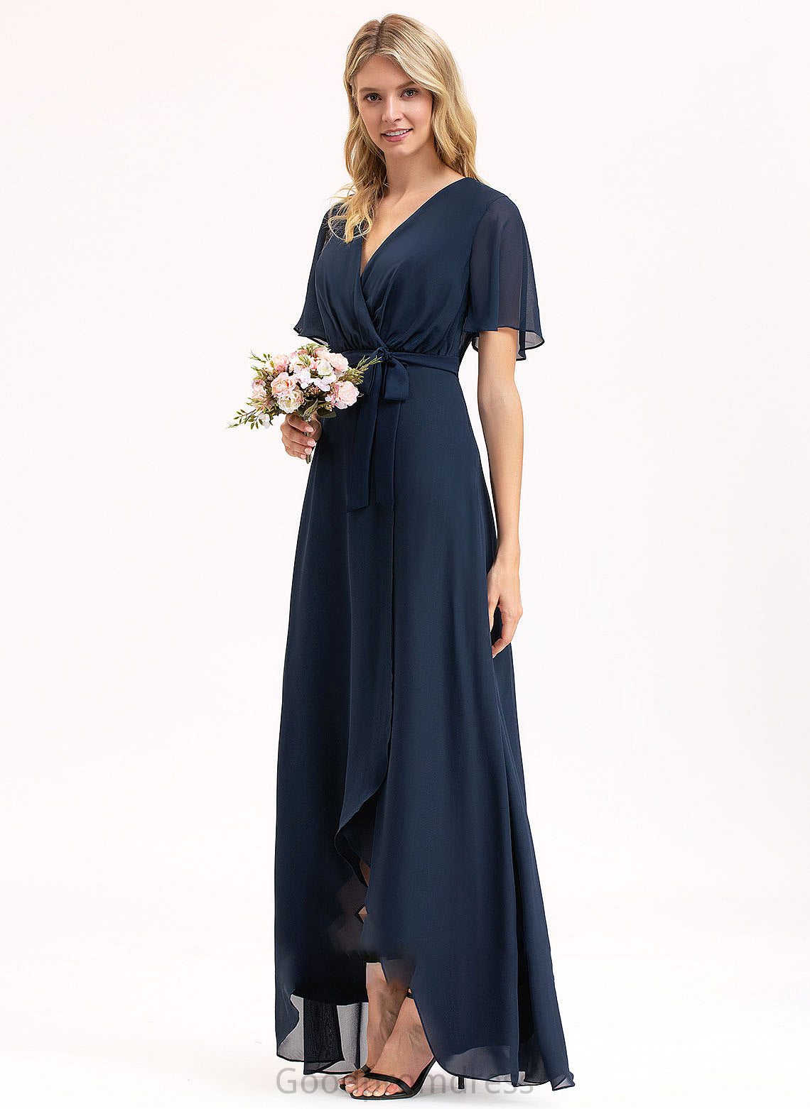 Length A-Line Bow(s) Silhouette V-neck Embellishment Fabric Neckline Asymmetrical Riya Floor Length Natural Waist Bridesmaid Dresses