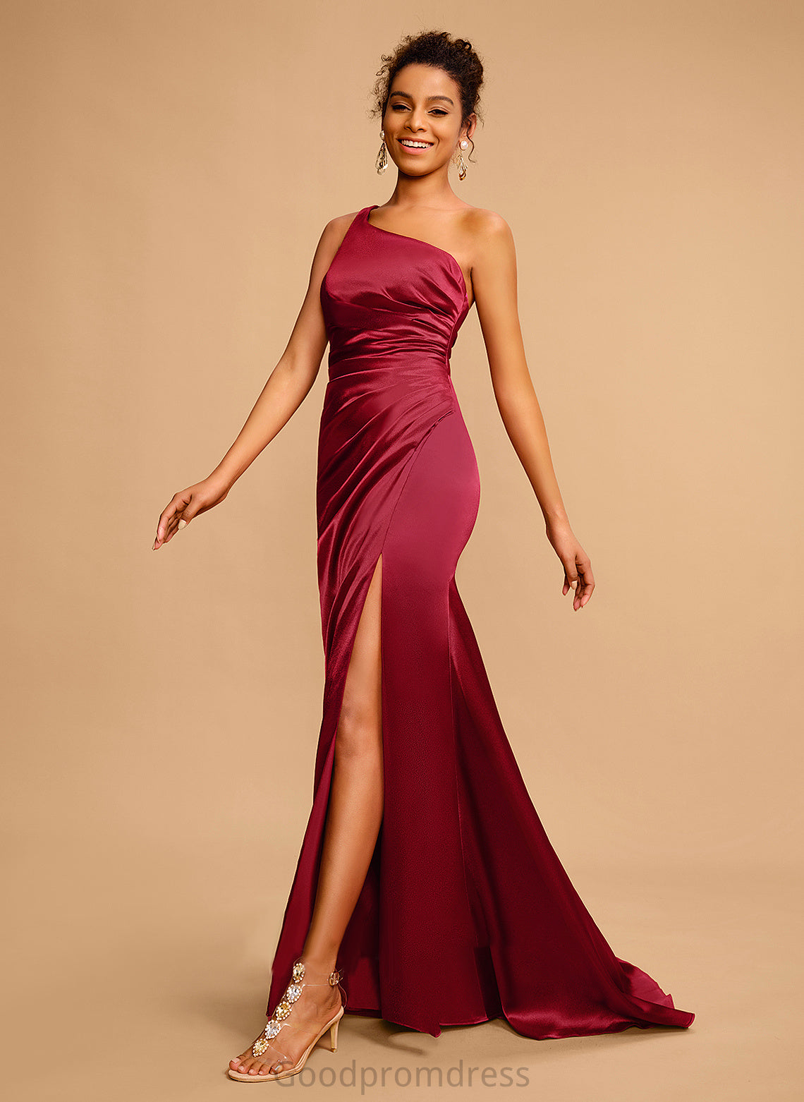 With Front Split Train Sheath/Column Prom Dresses Satin One-Shoulder Sweep Pleated Hillary