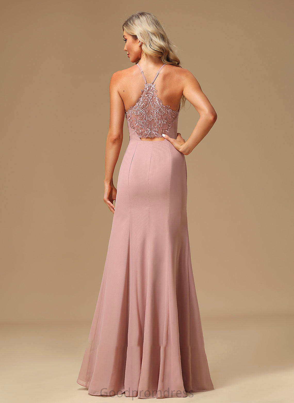 Fabric A-Line Length Silhouette SplitFront HighNeck Lace Floor-Length Neckline Embellishment Pat A-Line/Princess Bridesmaid Dresses