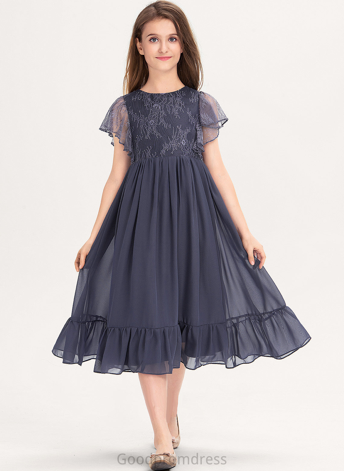 Scoop Knee-Length A-Line Lace Junior Bridesmaid Dresses Ruffles Chiffon With Neck Cascading Dulce