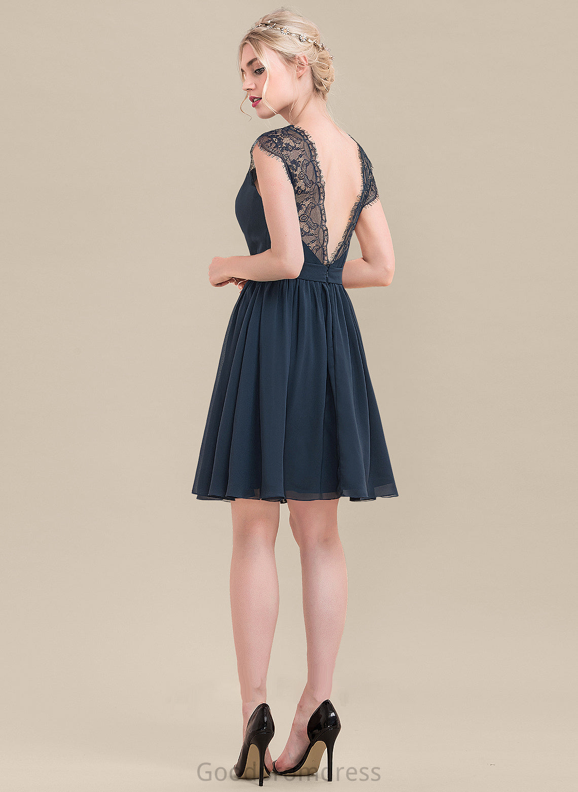 Knee-Length Neckline Silhouette A-Line V-neck Fabric Length Lace Straps Anika Sleeveless Floor Length Bridesmaid Dresses