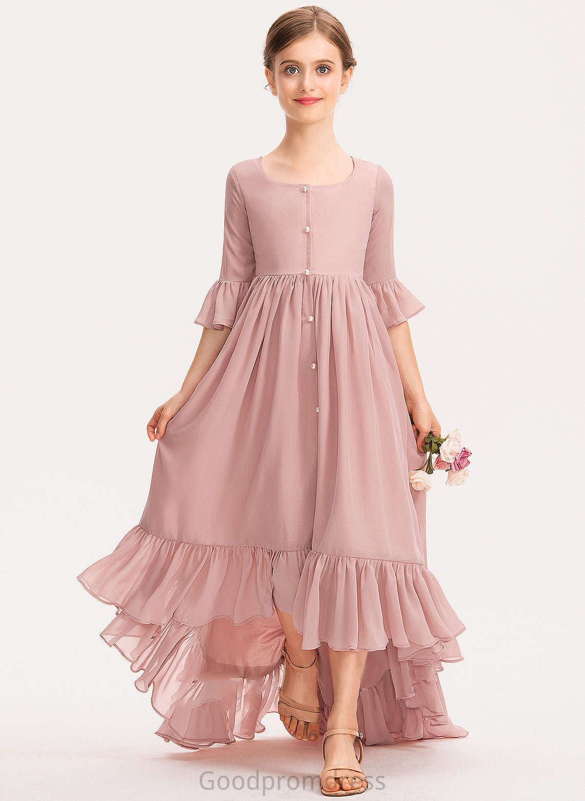 Neck Ruffles Bow(s) Junior Bridesmaid Dresses Scoop A-Line Asymmetrical Cascading Persis With Chiffon