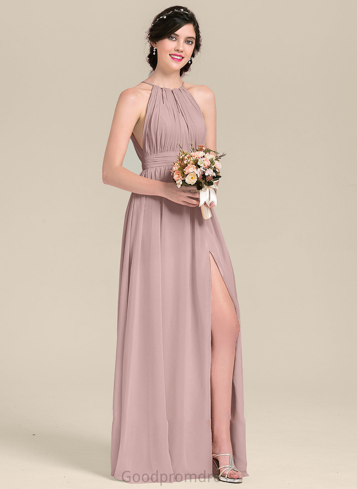 A-Line Neckline Bow(s) Fabric Floor-Length Silhouette SplitFront Embellishment Ruffle ScoopNeck Length Shayna Bridesmaid Dresses