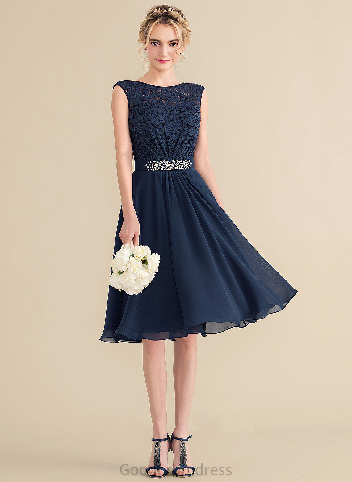 Homecoming Dresses Beading Lace Homecoming Neck Bow(s) A-Line Chiffon With Lace Dress Knee-Length Scoop Jazlynn