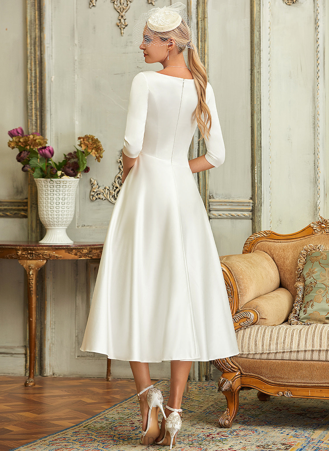 Wedding A-Line Tea-Length Satin Wedding Dresses Dress Rose V-neck