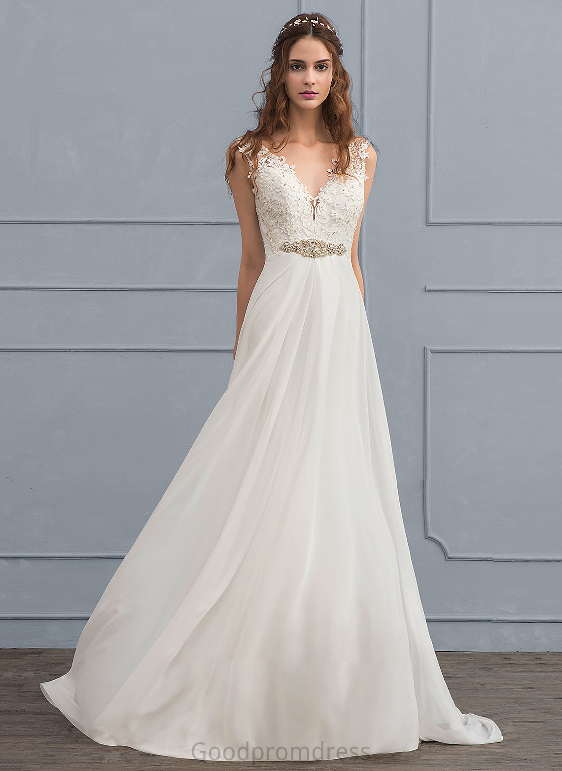 V-neck Wedding Dresses With Wedding Dress Beading Train Court Sequins A-Line Chiffon Anabelle