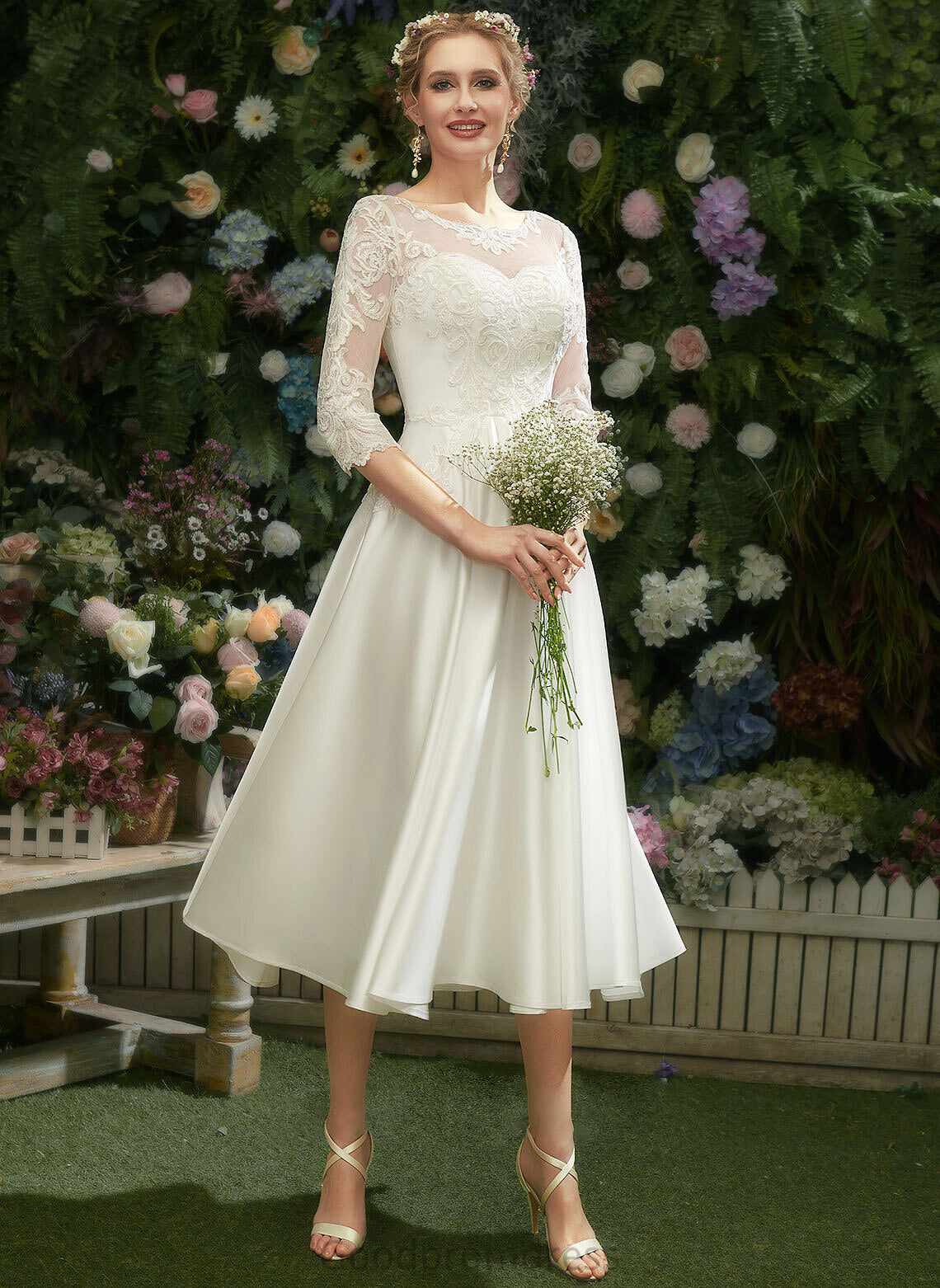 Illusion Wedding Lace Tea-Length Dress Wedding Dresses With A-Line Minnie