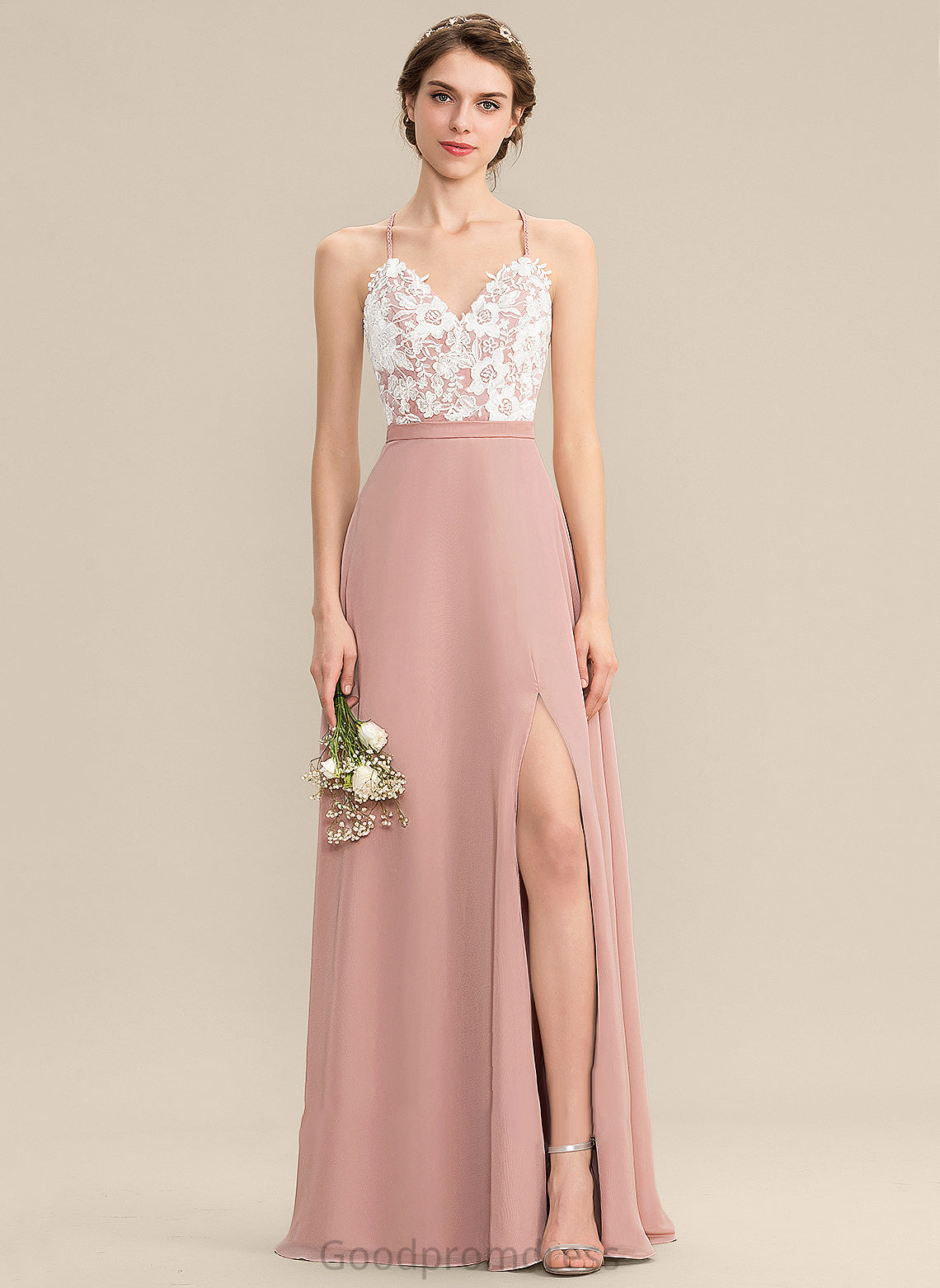 A-Line Alexandria Floor-Length Chiffon Prom Dresses Lace Split With V-neck Front