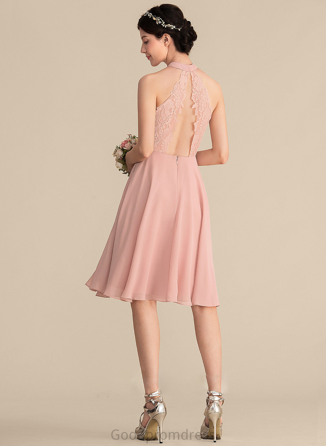 Knee-Length Fabric A-Line Length Silhouette ScoopNeck Embellishment Lace Neckline Pockets Kassandra Halter Bridesmaid Dresses