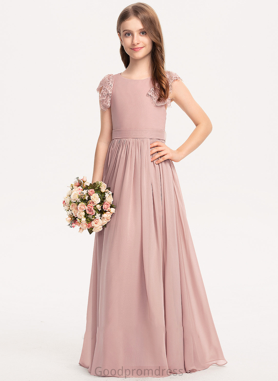 Chiffon Junior Bridesmaid Dresses Floor-Length Teagan Bow(s) Neck Scoop A-Line Lace With