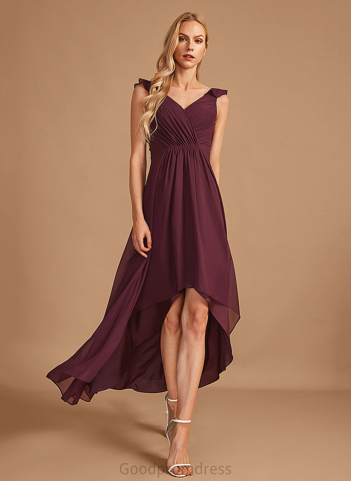 Fabric Silhouette Neckline Embellishment A-Line Length Ruffle V-neck Asymmetrical Kaleigh Sleeveless A-Line/Princess Bridesmaid Dresses