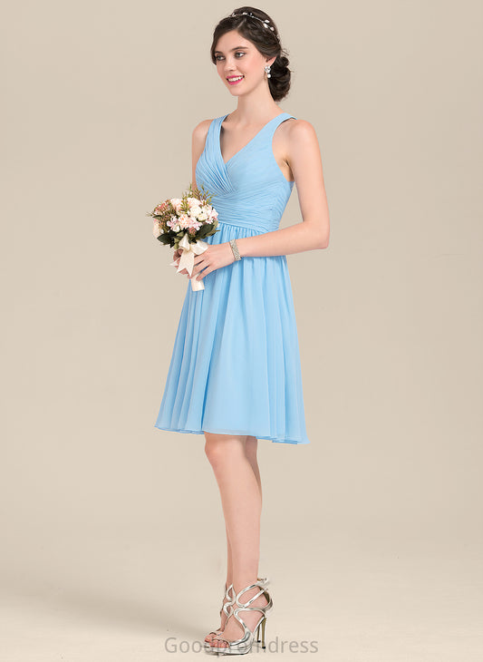A-Line Knee-Length Ruffle Neckline Fabric V-neck Length Silhouette Embellishment Chana Floor Length Sleeveless Bridesmaid Dresses