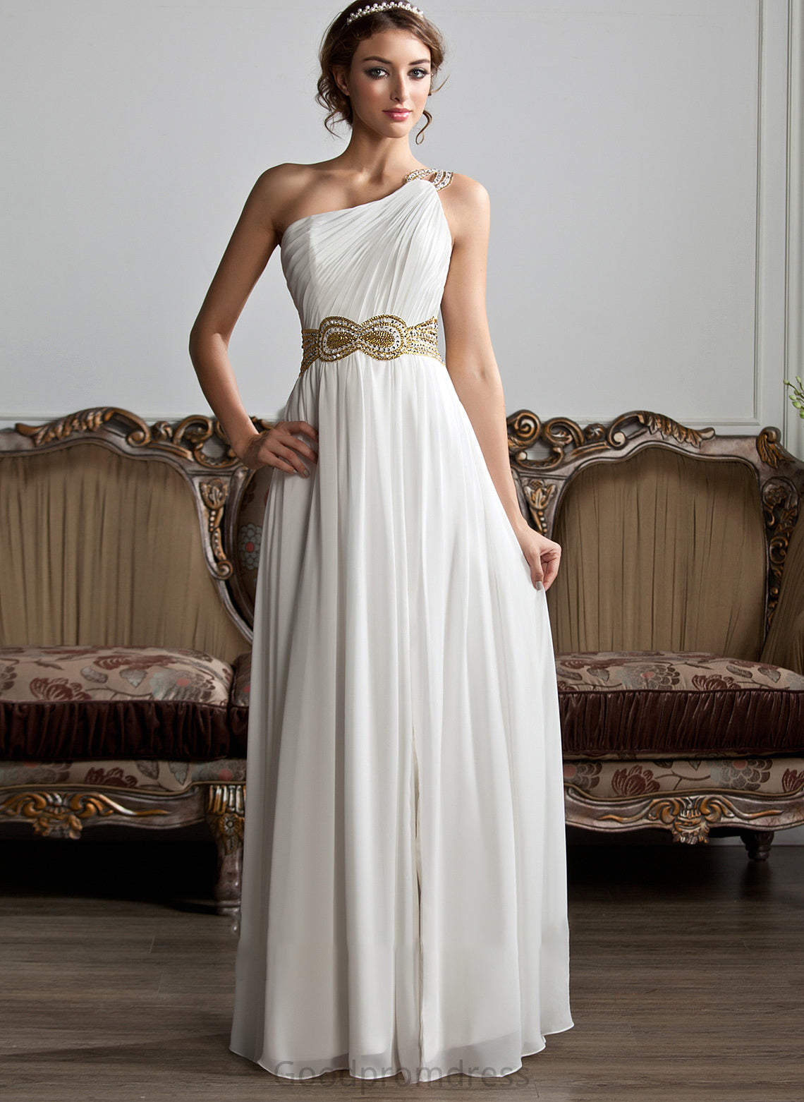 Split Sequins Prom Dresses Beading One-Shoulder Araceli Ruffle Floor-Length Chiffon With Front A-Line