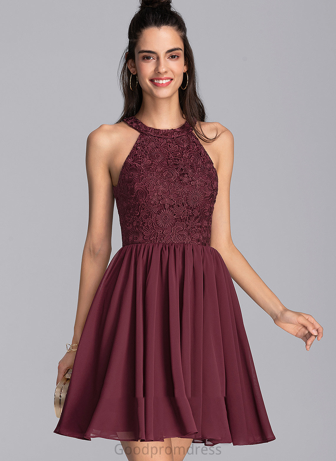 Short/Mini Scoop Gia Homecoming Dress With Homecoming Dresses A-Line Chiffon Lace Neck