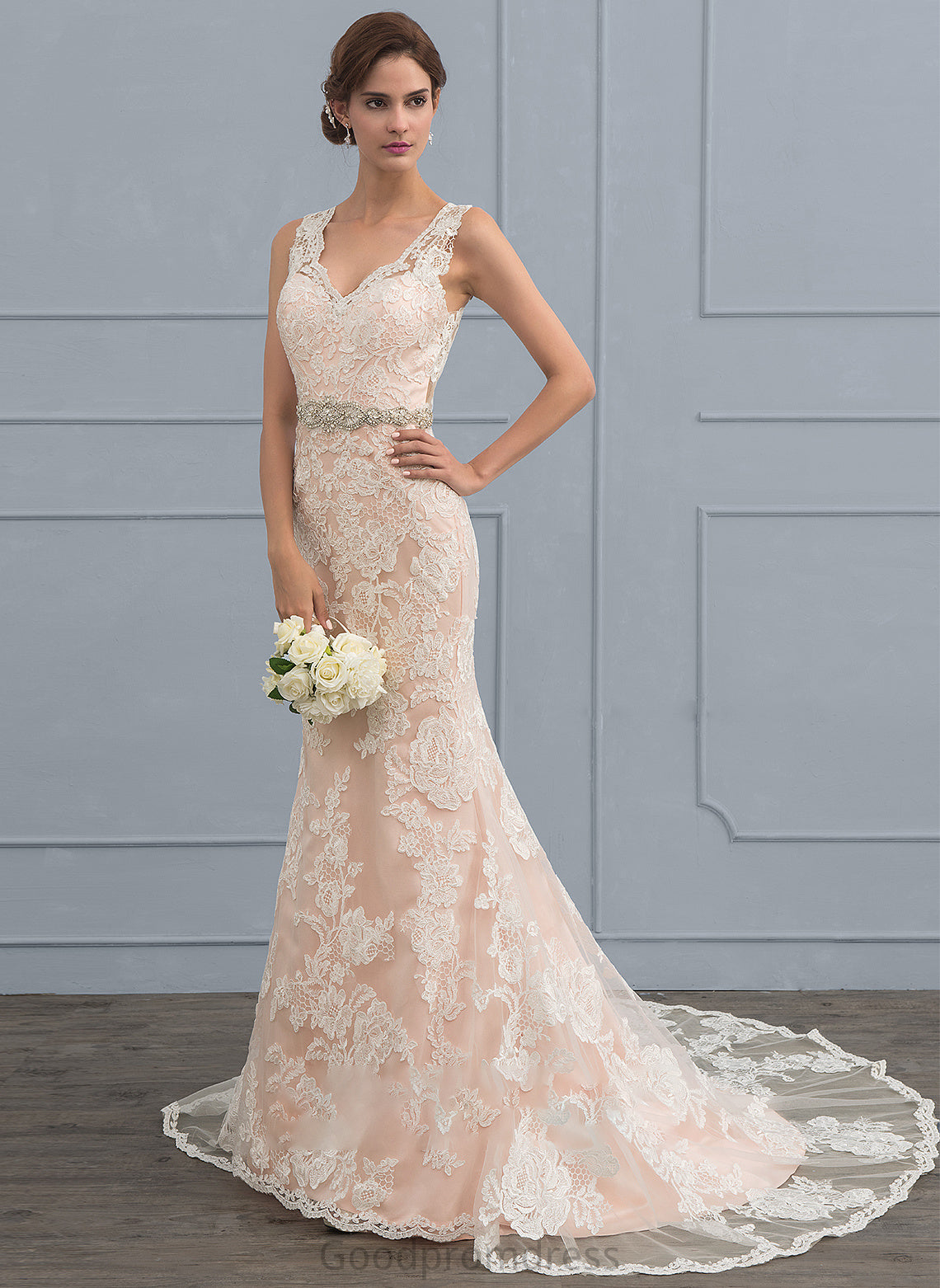 Lace Beading Dress Gill With Wedding Chapel Wedding Dresses V-neck Train Trumpet/Mermaid Tulle