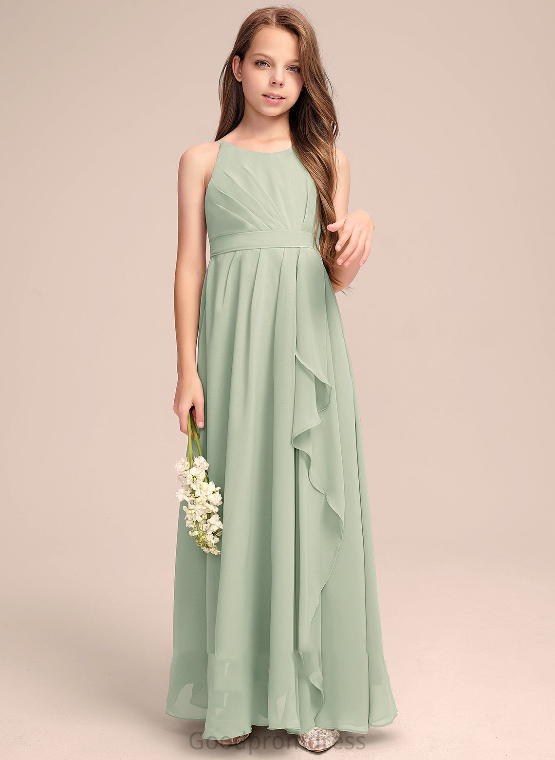 Ruffles Floor-Length A-Line Lucille Chiffon Junior Bridesmaid Dresses Neck Cascading Scoop With