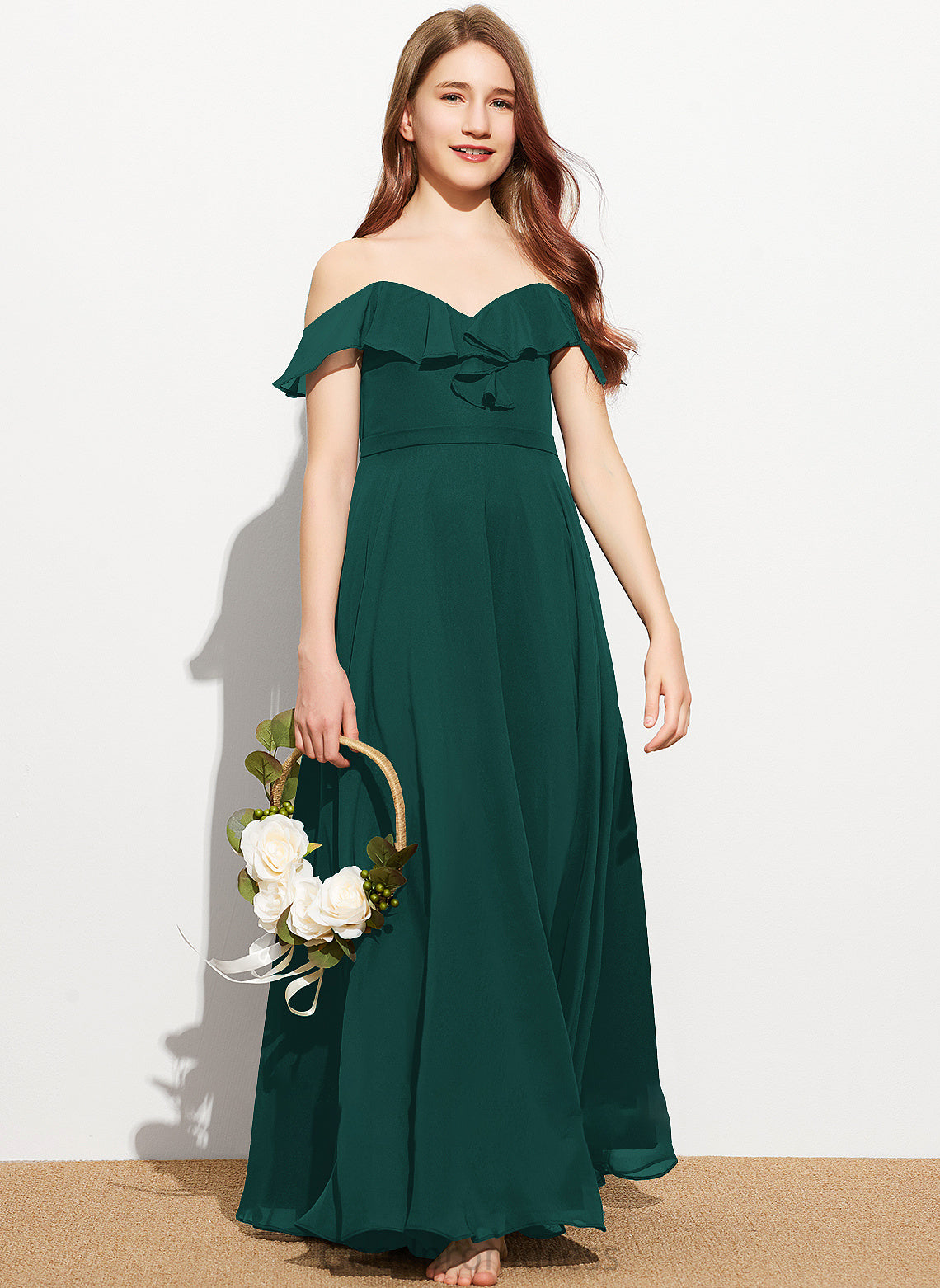 Ruffles Junior Bridesmaid Dresses Chiffon Cascading With Floor-Length Anabella Off-the-Shoulder A-Line