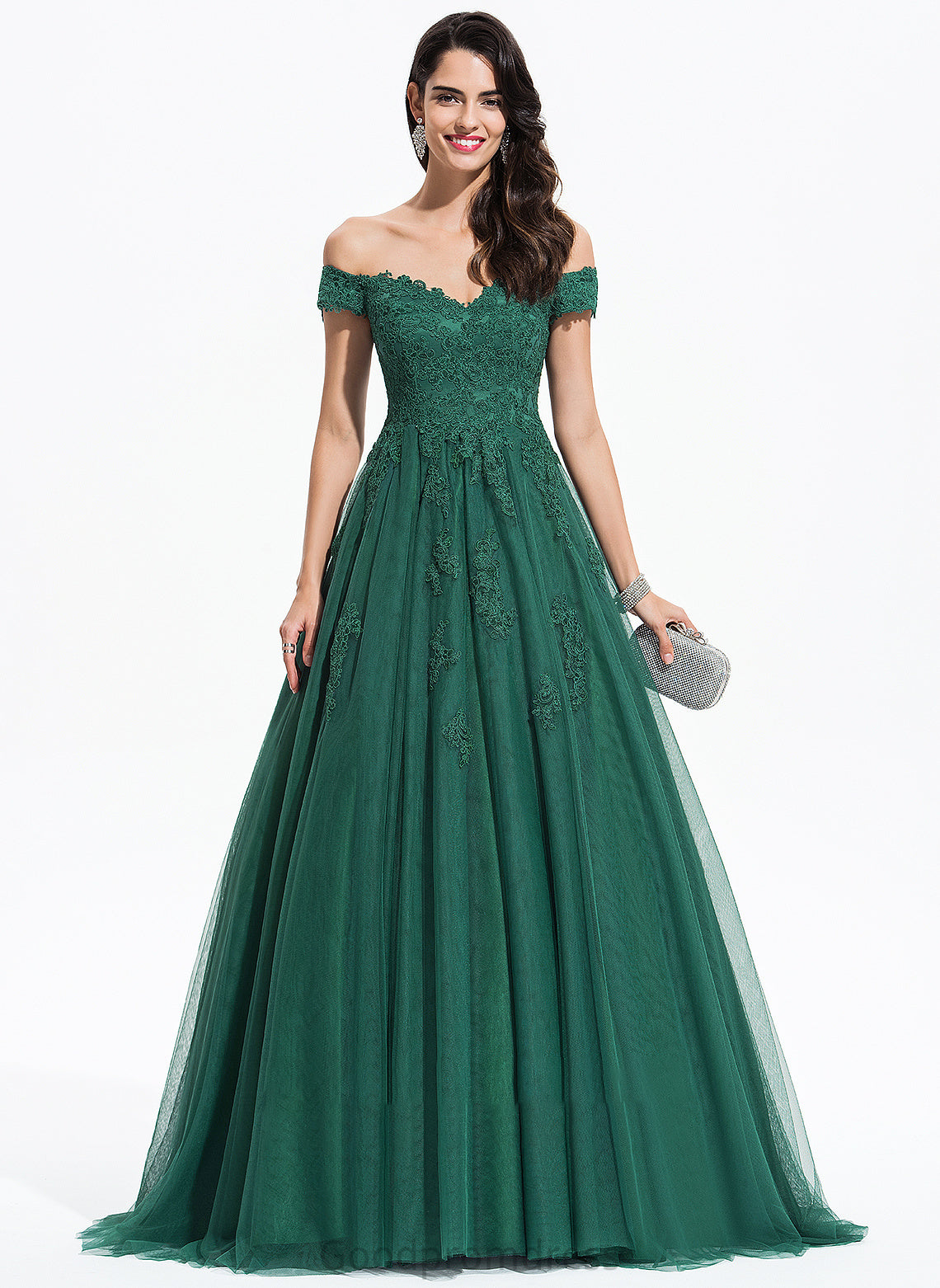 Sweep Train Lace With V-neck Elsie Ball-Gown/Princess Prom Dresses Tulle