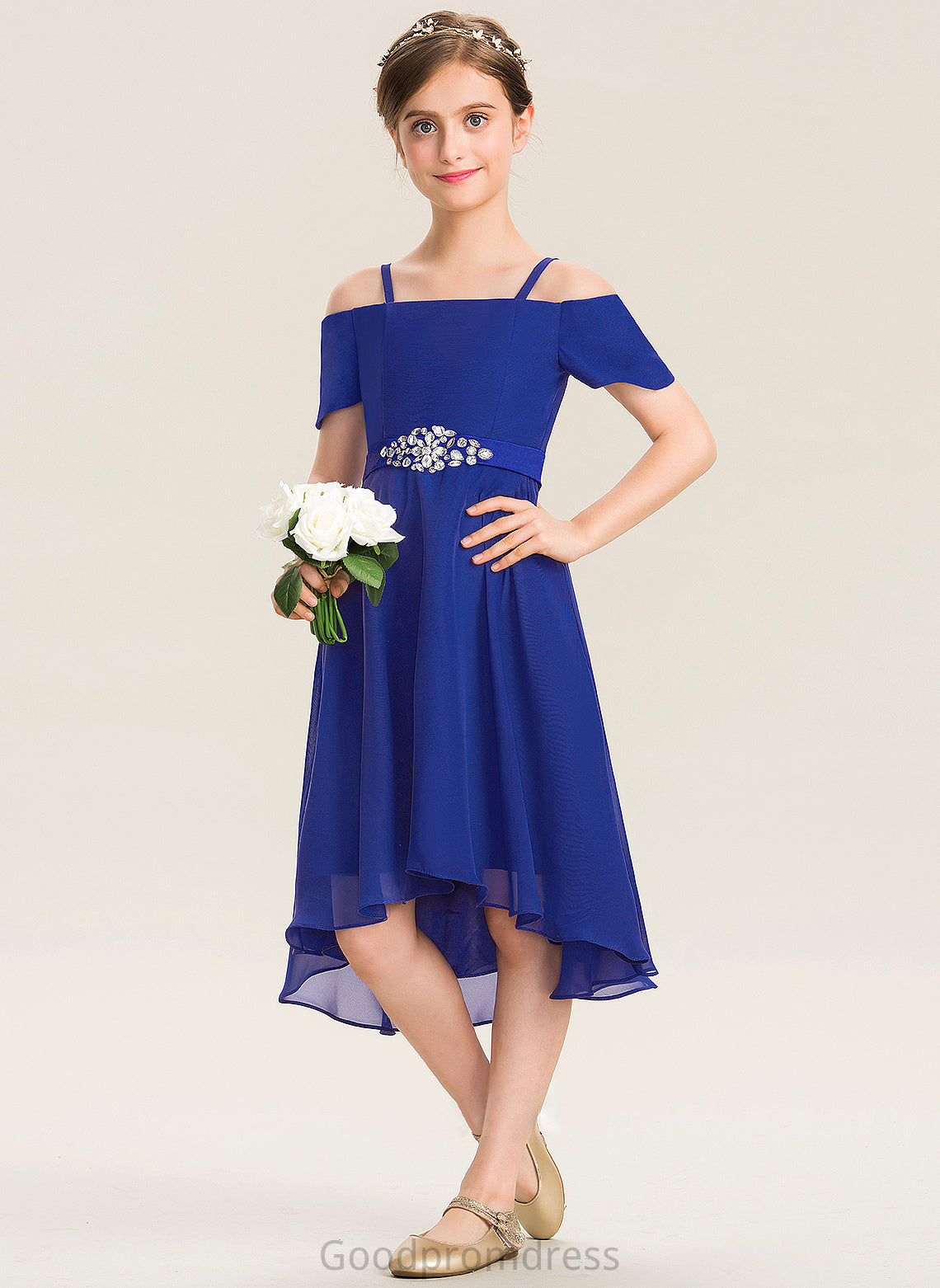 Bow(s) Asymmetrical Junior Bridesmaid Dresses A-Line Off-the-Shoulder Chiffon With Beading Madeline