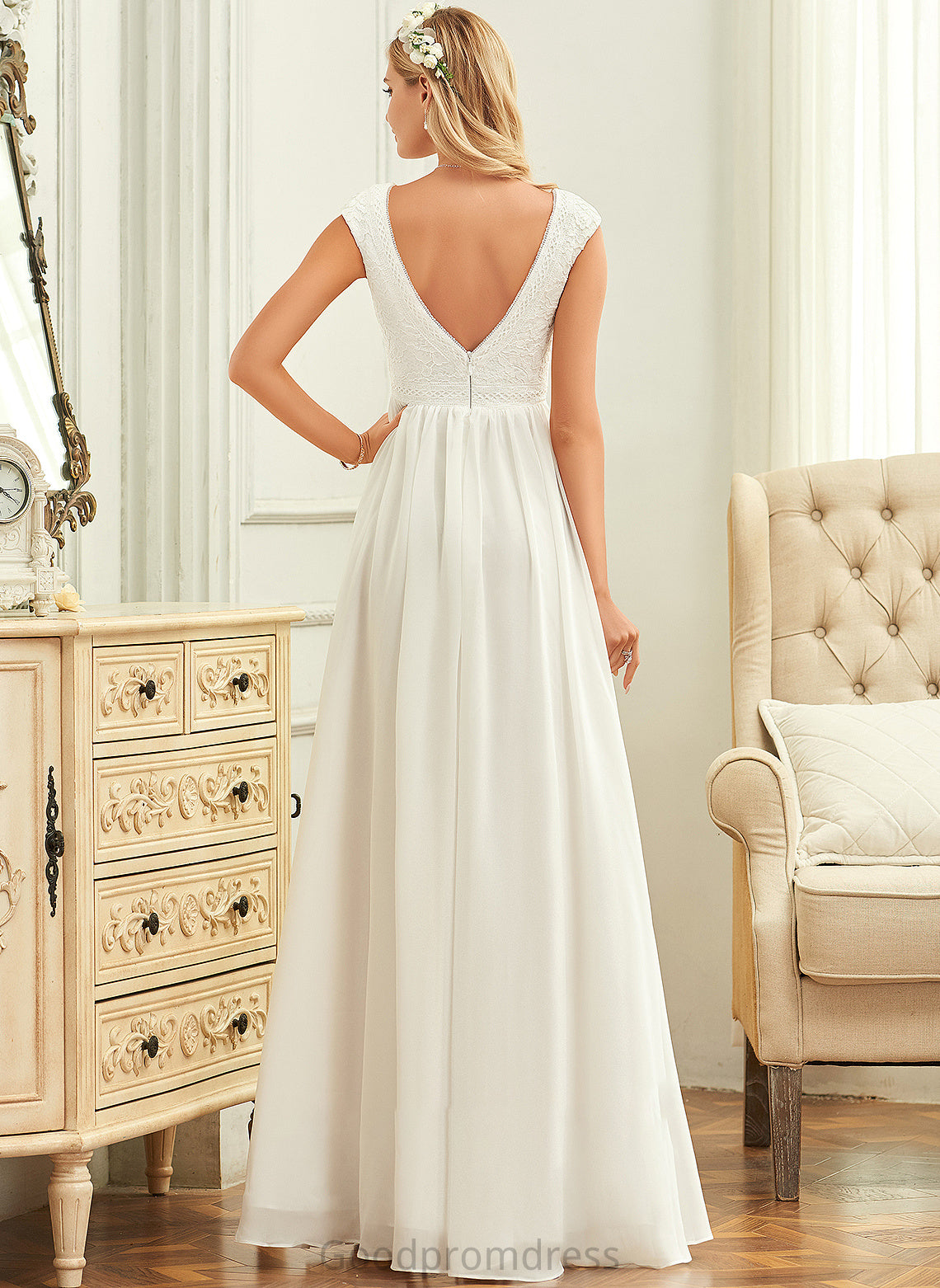 Renata A-Line V-neck Wedding Dresses Chiffon Wedding Lace Floor-Length Dress