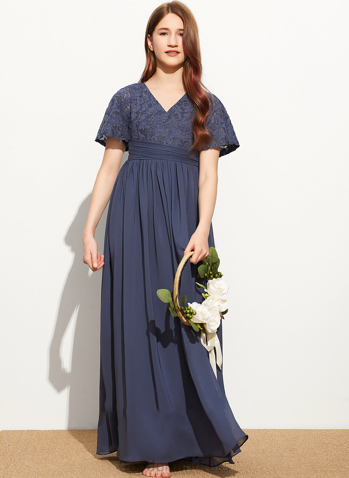 Bow(s) Asia Lace A-Line Chiffon Floor-Length Junior Bridesmaid Dresses V-neck With