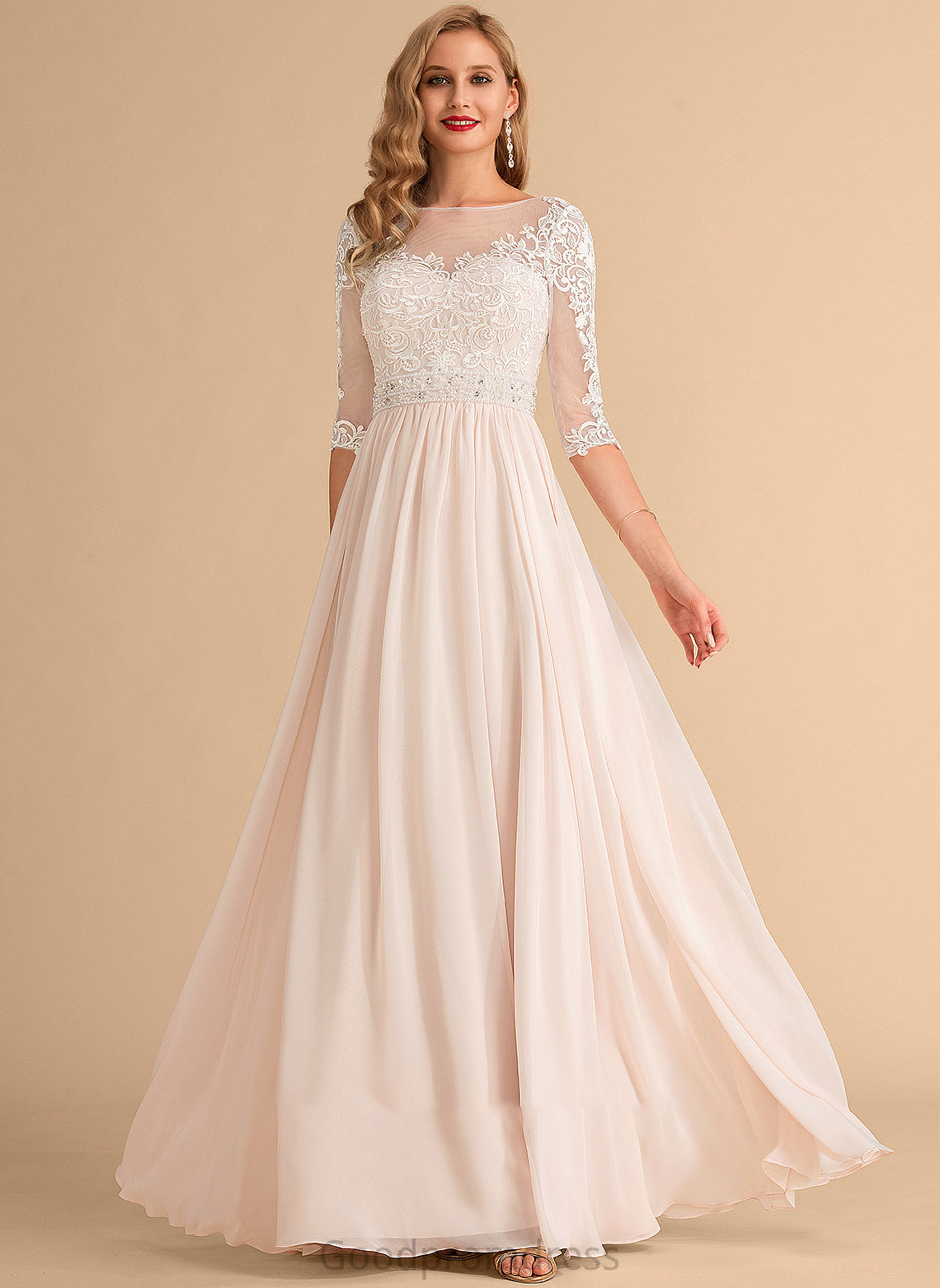 Floor-Length Chiffon With Wedding Dresses Illusion Wedding Beading Anaya Sequins Lace Dress A-Line