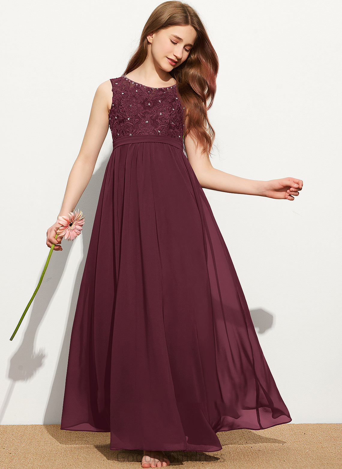 Marianna Lace Floor-Length Neck Beading Chiffon Scoop With Sequins Junior Bridesmaid Dresses A-Line