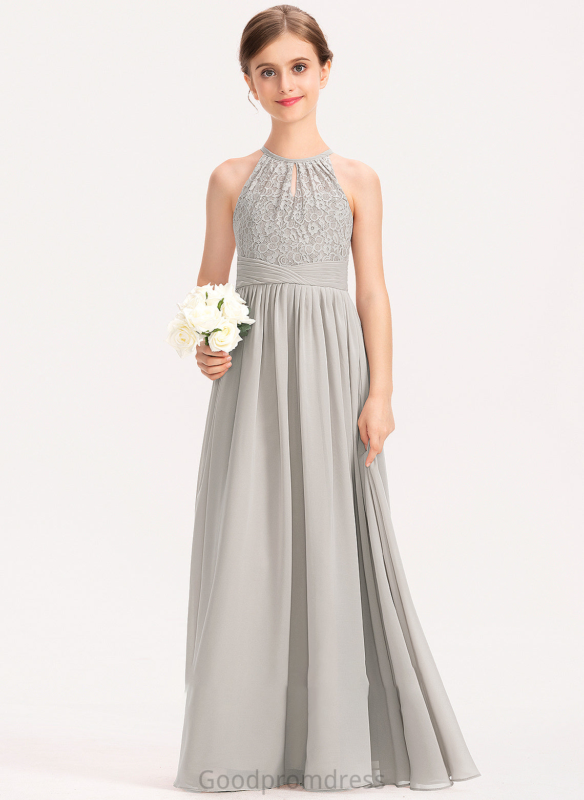 Scoop Abril A-Line Neck Junior Bridesmaid Dresses Lace With Chiffon Floor-Length Ruffle