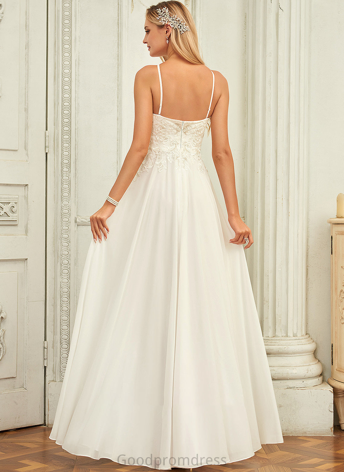 Nevaeh Floor-Length Chiffon Wedding Dresses Neck Scoop Wedding A-Line Dress Lace