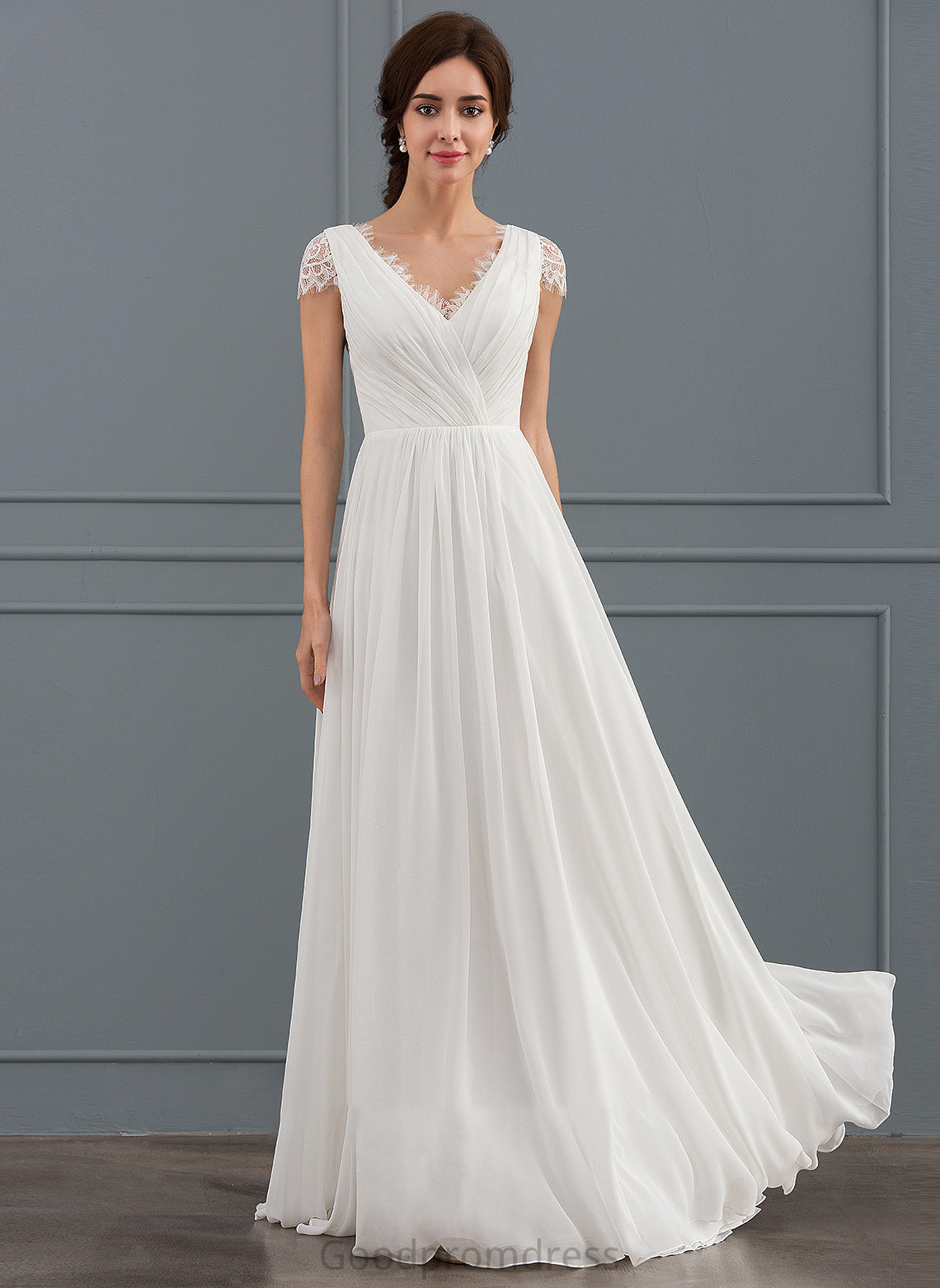 A-Line Dress Chiffon Lace Ruffle Floor-Length With Wedding Dresses V-neck Wedding Theresa
