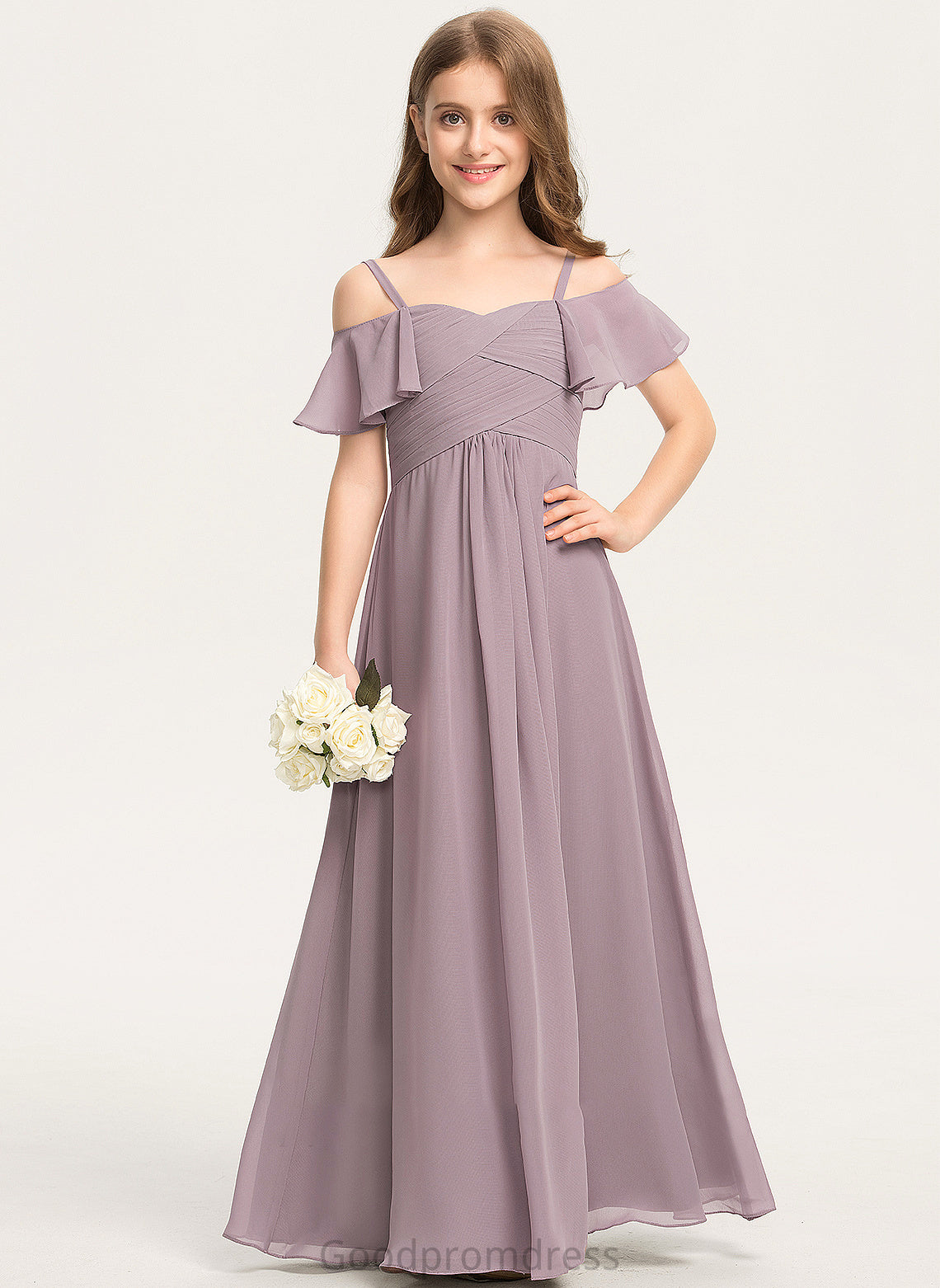 Off-the-Shoulder Ruffle A-Line With Floor-Length Anabella Junior Bridesmaid Dresses Chiffon